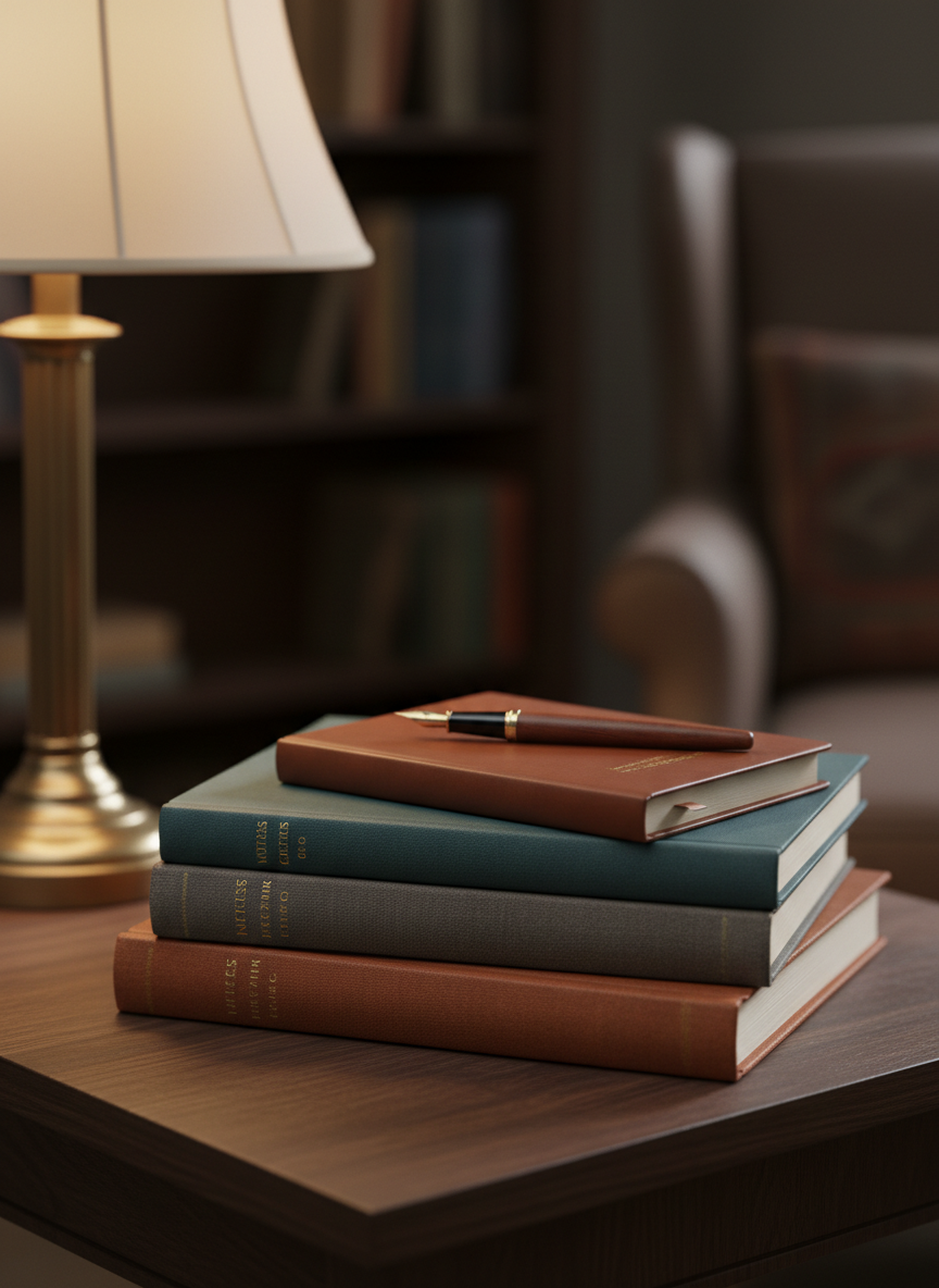 A stack of hardcover books with textured cloth bindings in deep, muted shades of teal, charcoal, and rust, arranged with precise alignment on a dark oak side table. Resting atop is a slim leather-bound journal embossed with subtle gold lettering, accompanied by a refined fountain pen. Soft, diffused light from a nearby vintage lamp casts delicate highlights and velvety shadows, contributing to a tranquil, intimate mood. Use shallow depth of field and an eye-level perspective to emphasize tactile richness, evoking the scholarly essence of a writer’s portfolio—minimalist, cinematic, and quietly luxurious.