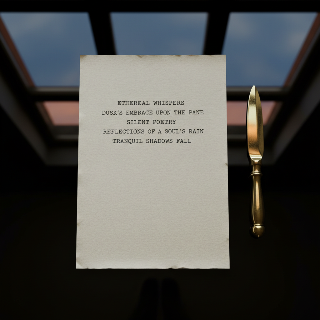 A single, cream-colored sheet of textured paper with hand-typed poetic verses, aligned perfectly on an obsidian glass tabletop. Next to the paper is a classic brass letter opener, gleaming subtly. The environment is a quiet study, with the surface reflecting faint, gradient bands of soft twilight blue from a narrow window. The lighting is low and cinematic, casting calm, elegant shadows. The composition is minimalist—a top-down, bird’s-eye view that captures only the essentials, exuding introspective sophistication and supporting the site’s refined, text-focused identity.