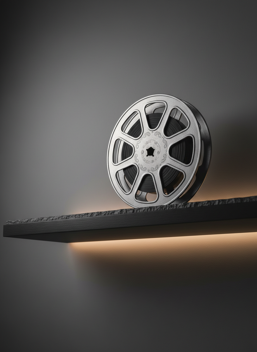 An antique film reel crafted from brushed steel with delicate engravings, positioned on a minimalist black shelf of smooth, slate stone. Subtle ambient light glows from beneath, casting gentle shadows and shimmering reflections that accentuate the reel’s circular form. The wall behind features a faint, dark gradient, providing depth without distraction. Framed using the rule of thirds from a low, close-up perspective, the scene feels both modern and timeless, perfectly capturing a sophisticated filmmaker’s curated workspace with understated elegance.