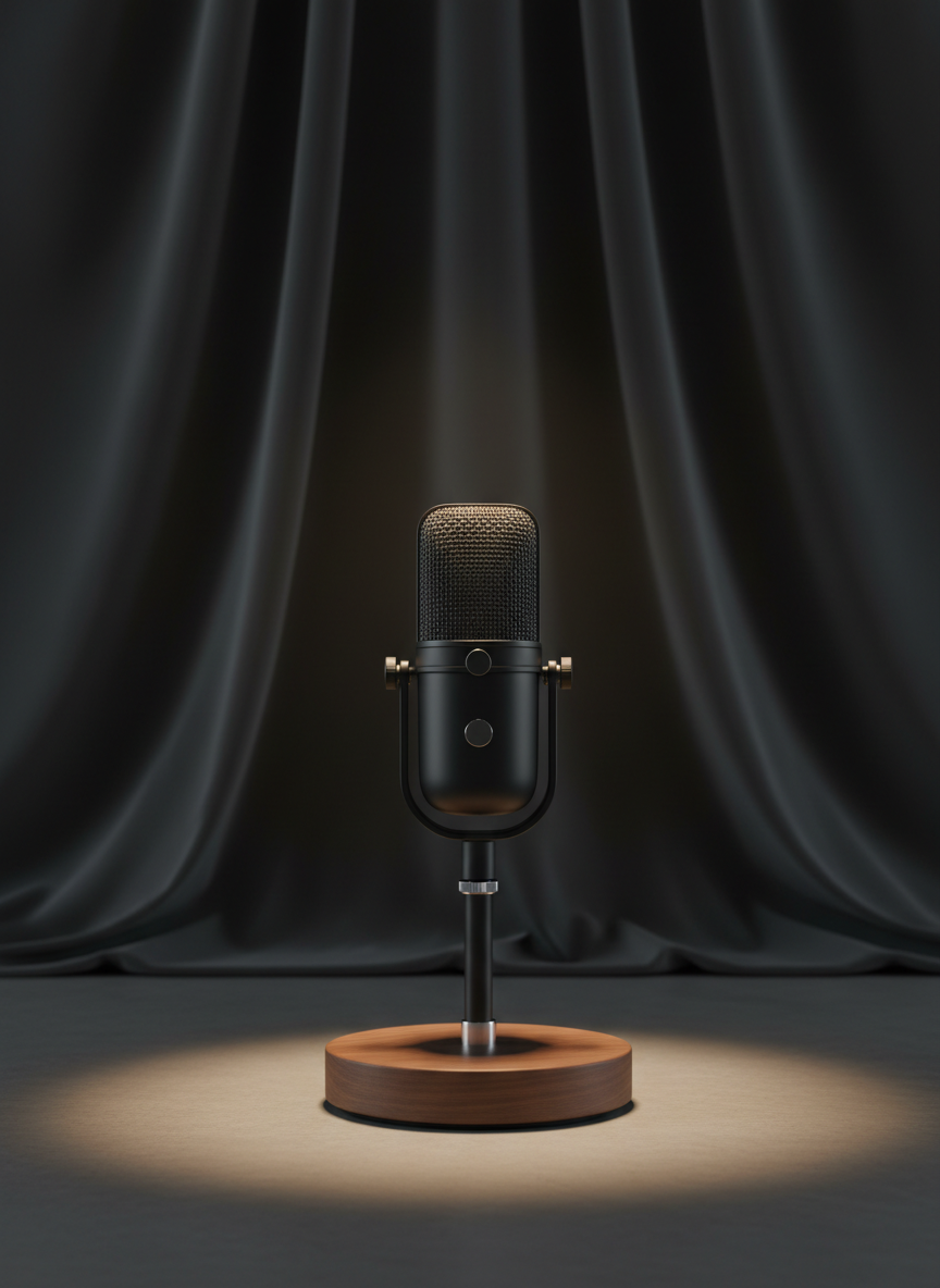 A minimalist podcast microphone in matte black metal with subtle chrome detailing, mounted on a simple walnut base. The microphone is set against a backdrop of elegantly draped charcoal velvet fabric, its folds rendered in a gentle, moody gradient. Dim, focused lighting creates a halo of illumination around the microphone, producing soft shadows and a sense of dramatic anticipation. Centered, with a slight low angle and negative space enveloping the scene, this image conveys innovation and sophistication in audio storytelling, resonating with the cinematic style of a filmmaker’s portfolio.